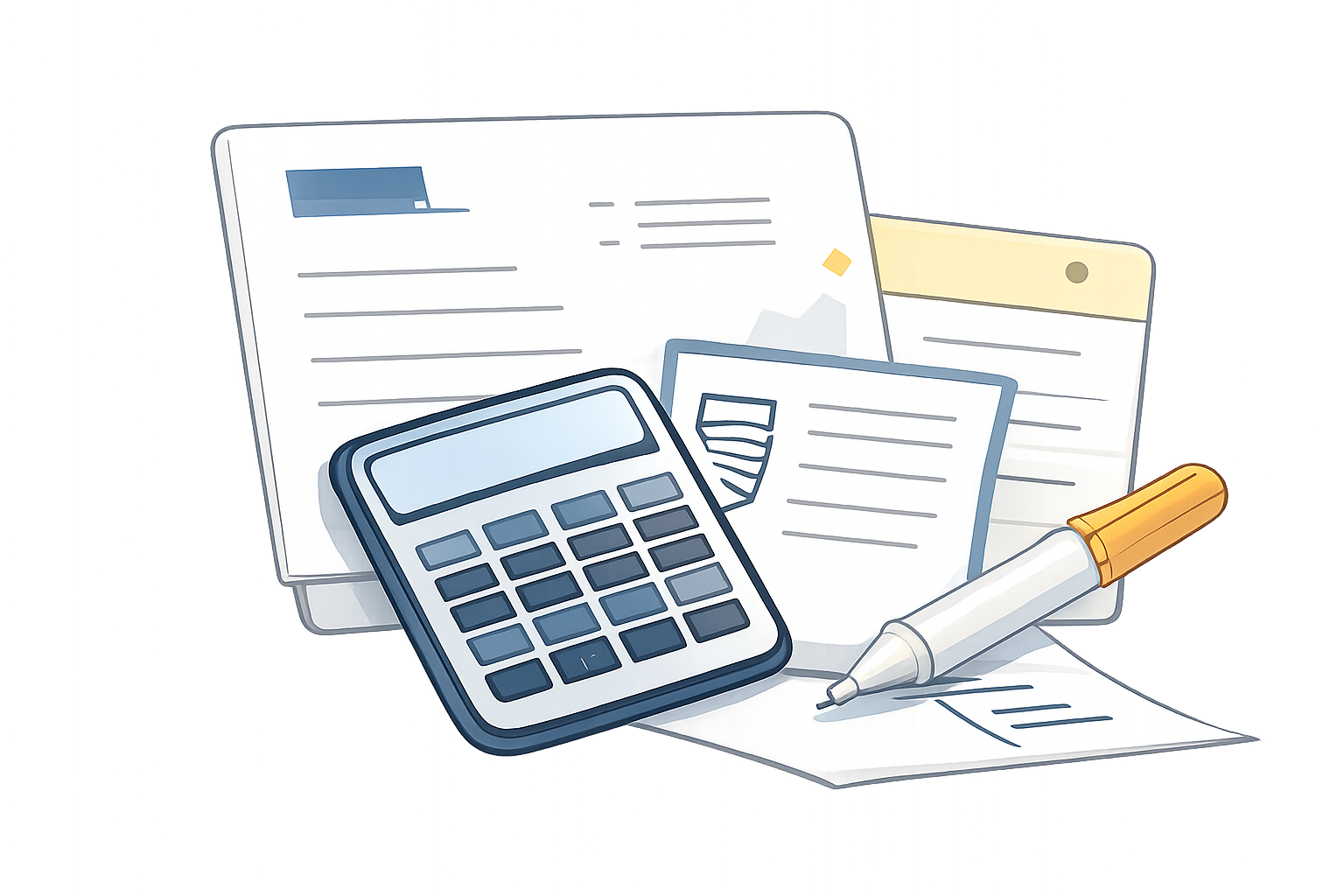 Tax deduction illustration with calculator and receipts
